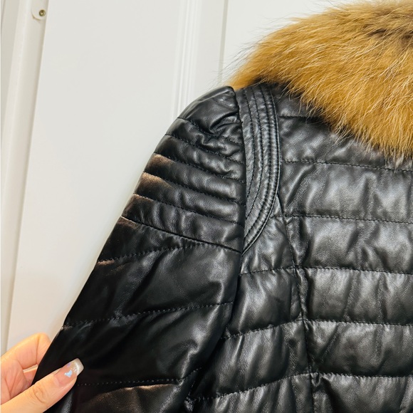 Genuine Lamb Leather with Real Fur Hood Down Jacket, Size L - Picture 8 of 14